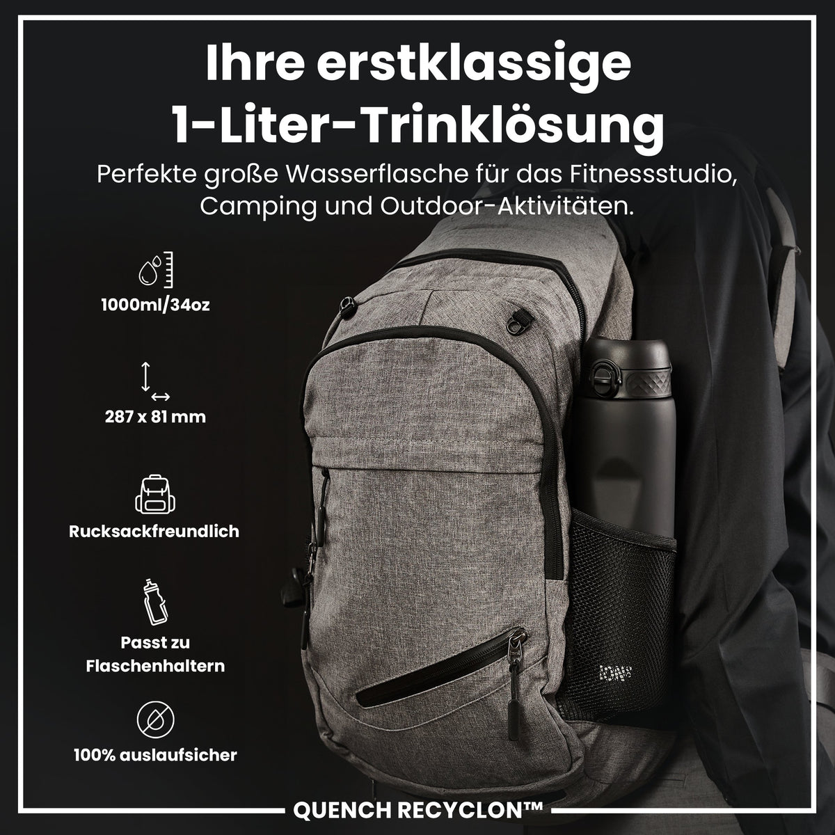 Recyclon-Wasserflasche, Schwarz, 1 L