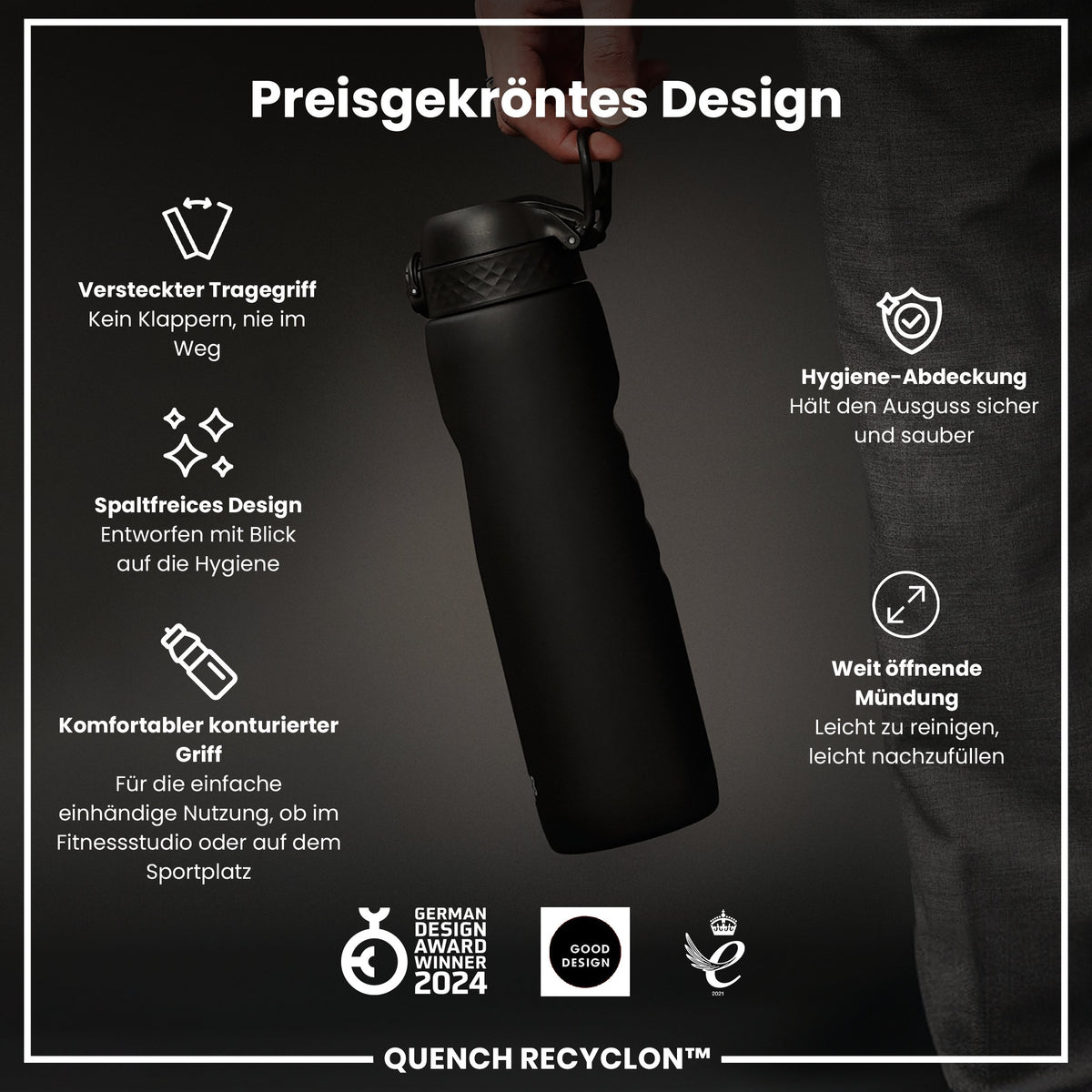 Recyclon-Wasserflasche, Schwarz, 1 L