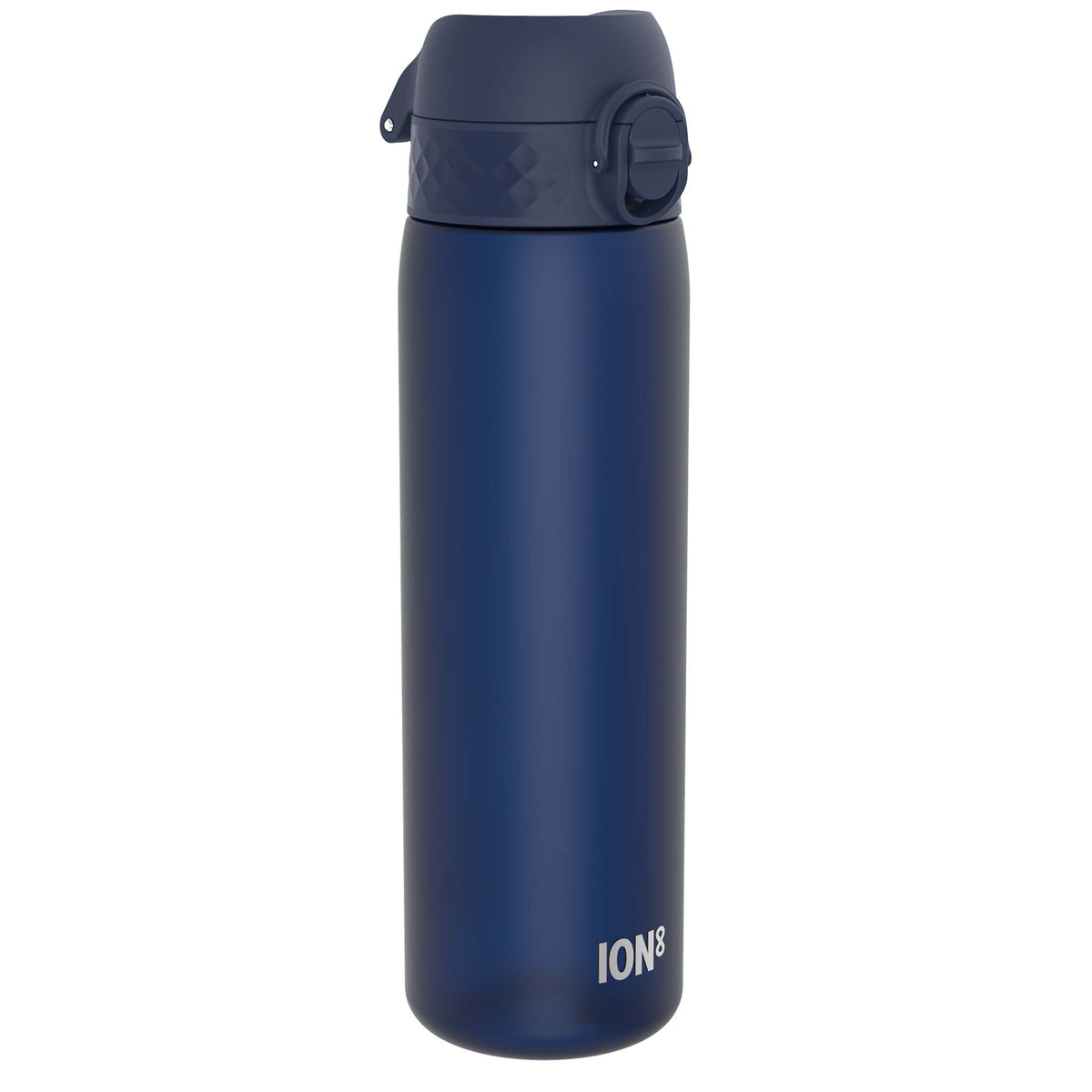 A dark-blue water bottle, standing upright, against a white background. The bottle has a dark-blue lid with a carrying loop and the word "ION8" is printed near the base.