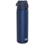 A dark-blue water bottle, standing upright, against a white background. The bottle has a dark-blue lid with a carrying loop and the word 