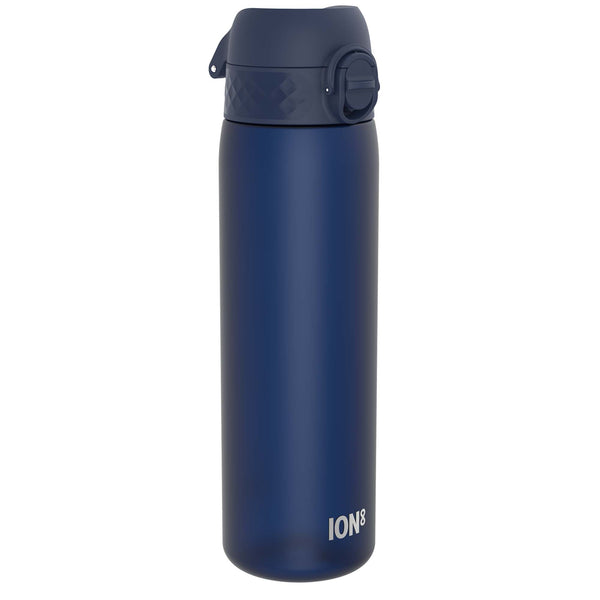 A dark-blue water bottle, standing upright, against a white background. The bottle has a dark-blue lid with a carrying loop and the word "ION8" is printed near the base.