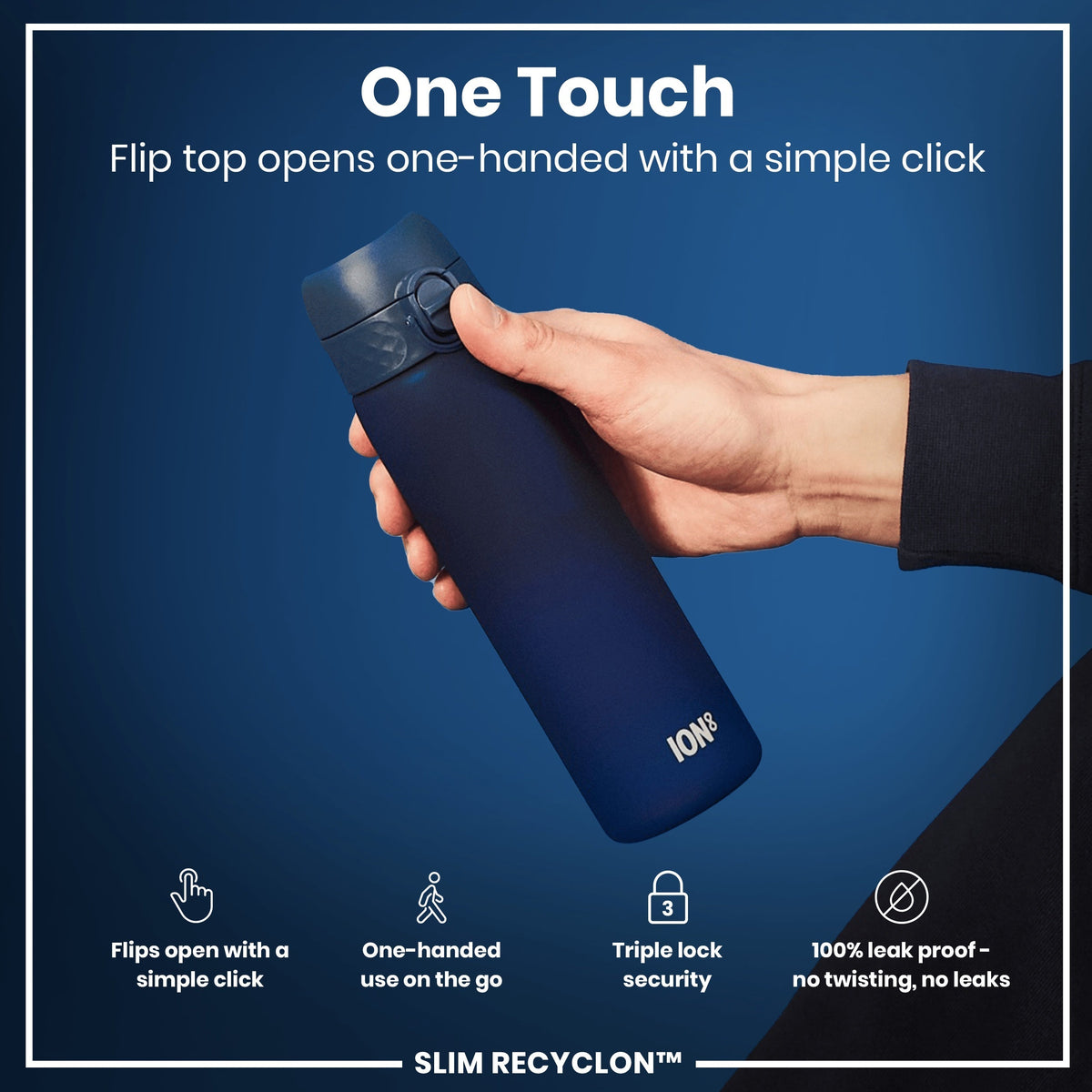 A dark-blue ION8 water bottle is held; its flip top opens one-handed via a simple click. The bottle's features include triple-lock security and a leak-proof design.