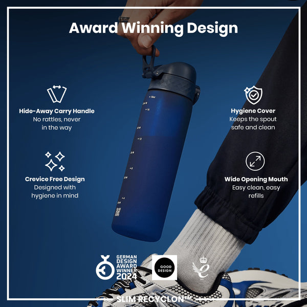 A blue water bottle is being held; it features a hide-away handle, crevice-free design, hygiene cover, and wide mouth. The bottle is an award-winning design.