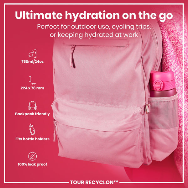 A pink backpack, containing a pink water bottle, rests against a pink sweater. The backpack is advertised as being "backpack friendly," "fits bottle holders," and "100% leak proof," with dimensions 224 x 78 mm and a capacity of 750ml/24oz. The brand is TOUR RECYCLON™.