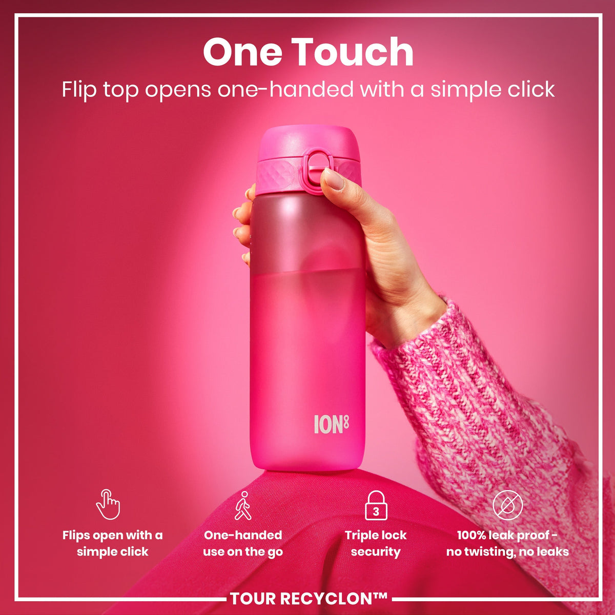 A pink water bottle is held; its flip top opens one-handed. The bottle features a triple lock security and is 100% leak-proof. The context is a pink background.