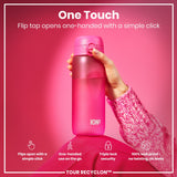 A pink water bottle is held; its flip top opens one-handed. The bottle features a triple lock security and is 100% leak-proof. The context is a pink background.