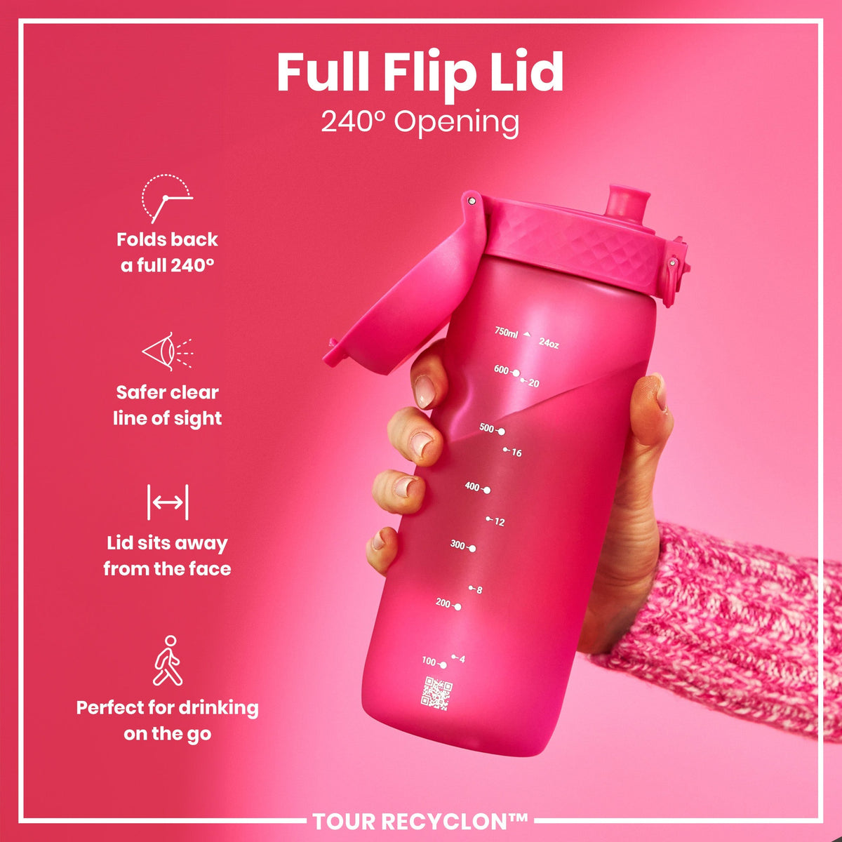 A pink water bottle with a flip lid is held; its lid opens 240 degrees. The bottle features milliliter and ounce measurements and a QR code; it's shown against a pink background.