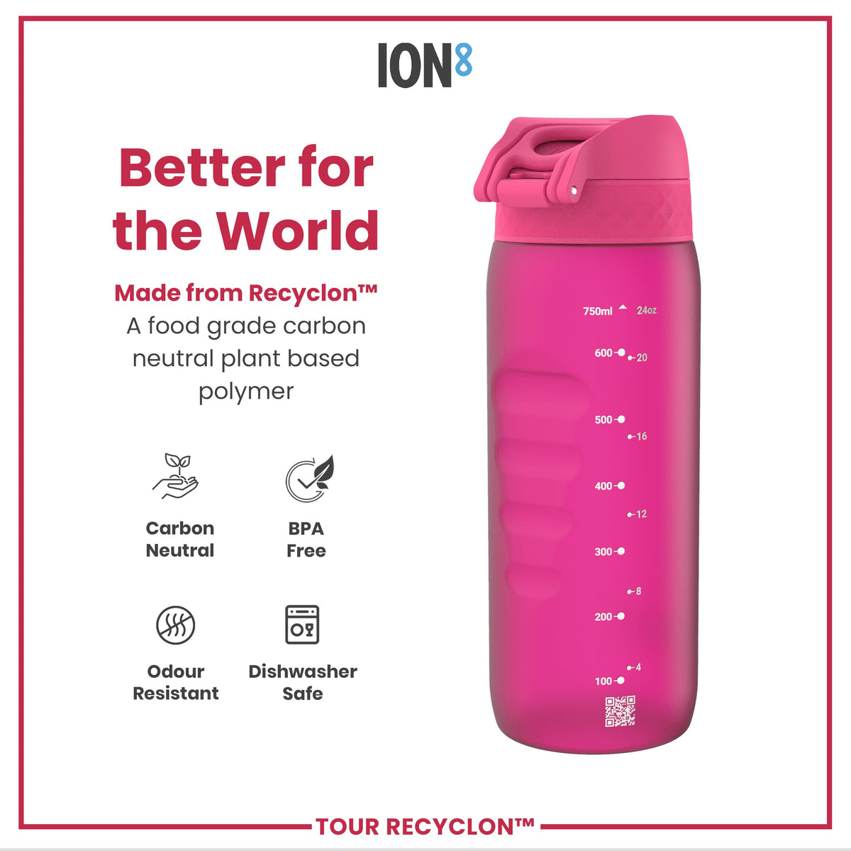 A pink water bottle sits against a white background. It is made from Recyclon™, a plant-based polymer. The bottle displays volume measurements in milliliters and ounces.
