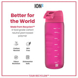 A pink water bottle sits against a white background. It is made from Recyclon™, a plant-based polymer. The bottle displays volume measurements in milliliters and ounces.