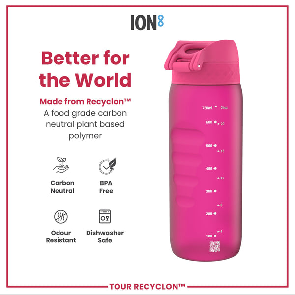 A pink water bottle sits against a white background. It is made from Recyclon™, a plant-based polymer. The bottle displays volume measurements in milliliters and ounces.