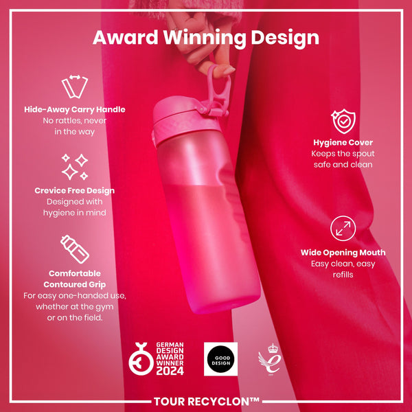 A pink water bottle is held; its features are highlighted against a pink background. Award Winning Design. Hide-Away Carry Handle. No rattles, never in the way. Crevice Free Design. Designed with hygiene in mind. Comfortable Contoured Grip. For easy one-handed use, whether at the gym or on the field. Hygiene Cover. Keeps the spout safe and clean. Wide Opening Mouth. Easy clean, easy refills. German Design Award Winner 2024. Good Design. Tour Recyclon™. 2021.