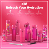 Pink ION8 water bottles of various sizes and designs are displayed on a pink surface. They are shown alongside accessories. The text reads: “ION8 Refresh Your Hydration. Choose from 3 different materials. Sizes to suit any user. Hundreds of designs to choose from. Shop our wide range of accessories.”
