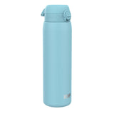 A light-blue water bottle stands upright against a white background. The bottle has a hinged lid and the word 