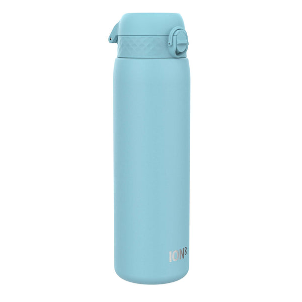 A light-blue water bottle stands upright against a white background. The bottle has a hinged lid and the word "ION8" is printed near the base.