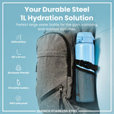 A light-blue, one-liter water bottle rests in a gray backpack's mesh pocket. It's designed for gym, camping, and outdoor use; the bottle is 100% leak-proof and fits most bottle holders. Dimensions are 287 x 81 mm.