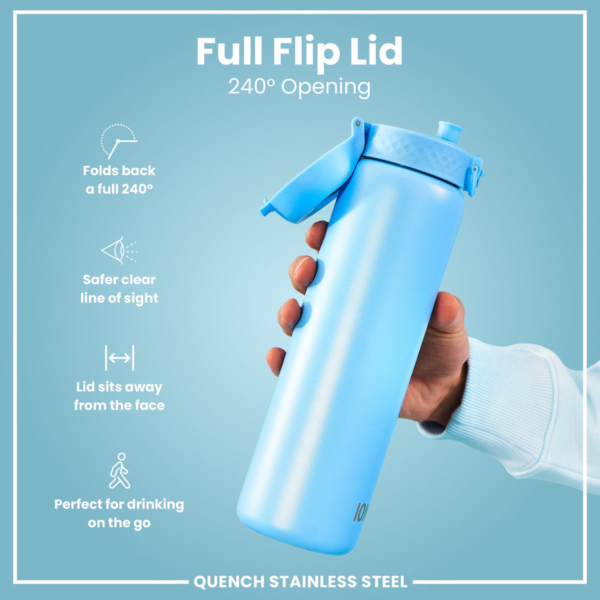 A light-blue stainless steel water bottle, with a full flip lid that opens 240°, is being held; against a light-blue background.