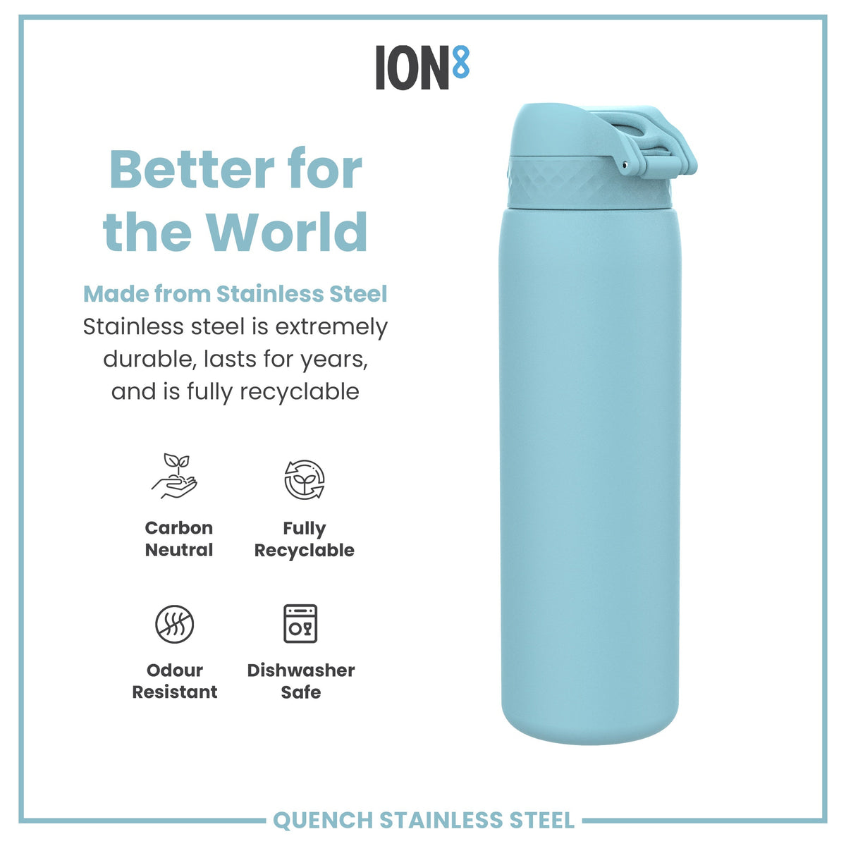 A light-blue stainless steel water bottle stands against a white background. It is made from stainless steel, is carbon neutral, fully recyclable, odour resistant and dishwasher safe.