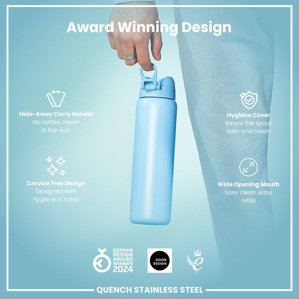 A light-blue stainless steel water bottle is held; features include a hide-away handle, hygiene cover, and wide mouth. It’s an award-winning design.
