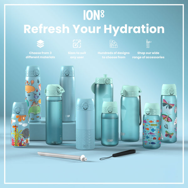 Several pastel-blue water bottles, of varying sizes and designs, are displayed on a light-blue surface; accessories are shown below. The text reads: "ION8 Refresh Your Hydration," and details material choices, size options, designs, and accessories.