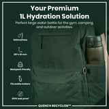 A 1L water bottle fits in a dark green backpack’s side pocket. It's 287 x 81 mm, 1000ml/34oz, backpack-friendly, fits bottle holders, and is leakproof. The text reads: “Your Premium 1L Hydration Solution. Perfect large water bottle for the gym, camping, and outdoor activities. QUENCH RECYCLON™”.