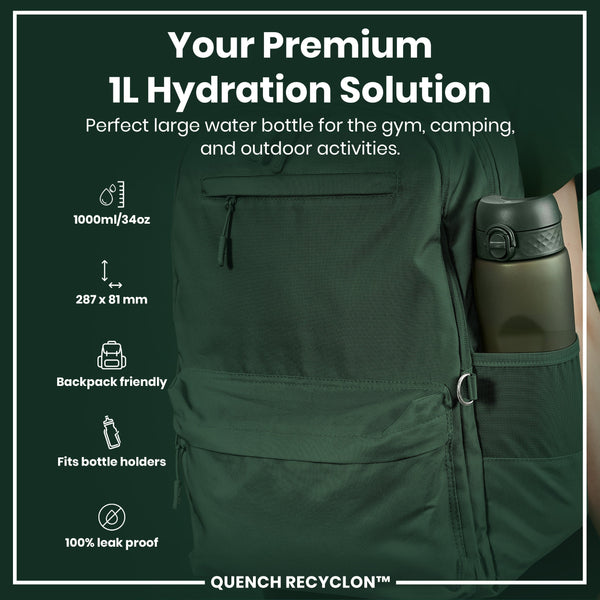 A 1L water bottle fits in a dark green backpack’s side pocket. It's 287 x 81 mm, 1000ml/34oz, backpack-friendly, fits bottle holders, and is leakproof. The text reads: “Your Premium 1L Hydration Solution. Perfect large water bottle for the gym, camping, and outdoor activities. QUENCH RECYCLON™”.