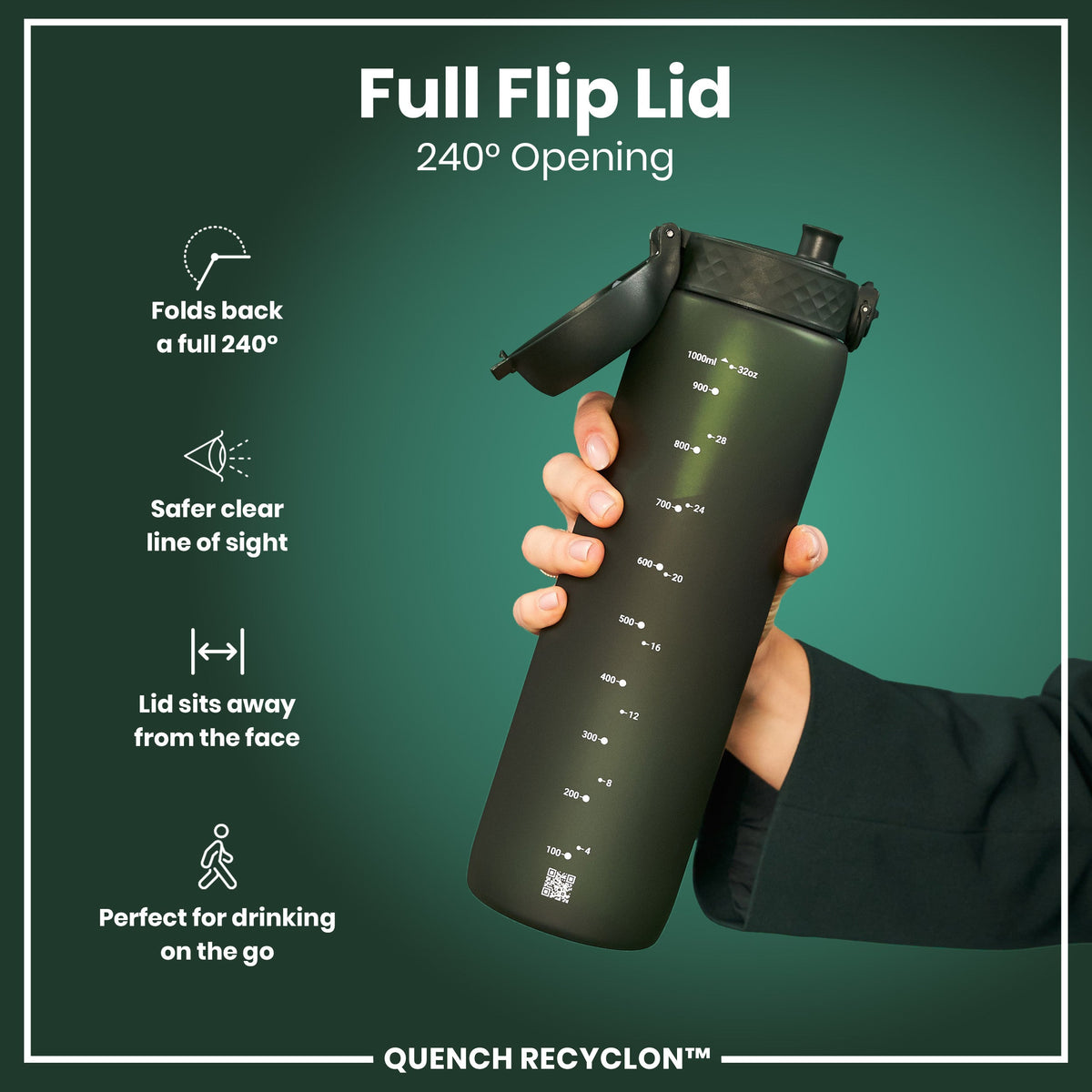 A dark-green water bottle, with a 240° opening flip lid, is held by a hand. Measurement markings in milliliters and ounces are visible. The background is a solid dark-green.