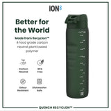 A dark-green water bottle sits against a white background. It displays volume markings and is made from a plant-based polymer. The text reads: 