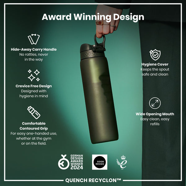 A dark-green water bottle is being held. It features a hide-away handle, a crevice-free design, and a wide opening mouth. Awards from 2021 and 2024 are shown. QUENCH RECYCLON™ is also shown.