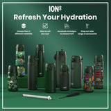 Several dark-green ION8 water bottles, varying in size and design, are displayed on a green surface. They showcase diverse patterns and materials. The accompanying text advertises material choices, size options, design variety, and accessories.