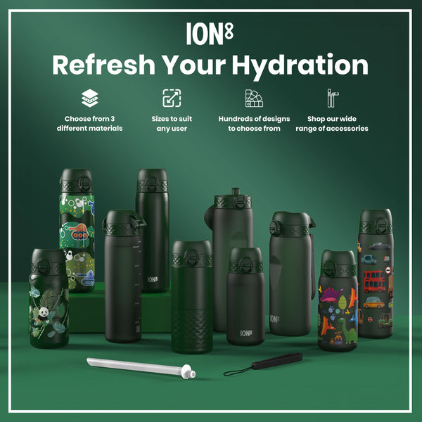 Several dark-green ION8 water bottles, varying in size and design, are displayed on a green surface. They showcase diverse patterns and materials. The accompanying text advertises material choices, size options, design variety, and accessories.