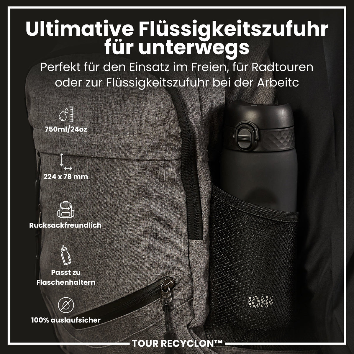 Recyclon-Wasserflasche, Schwarz, 750ml