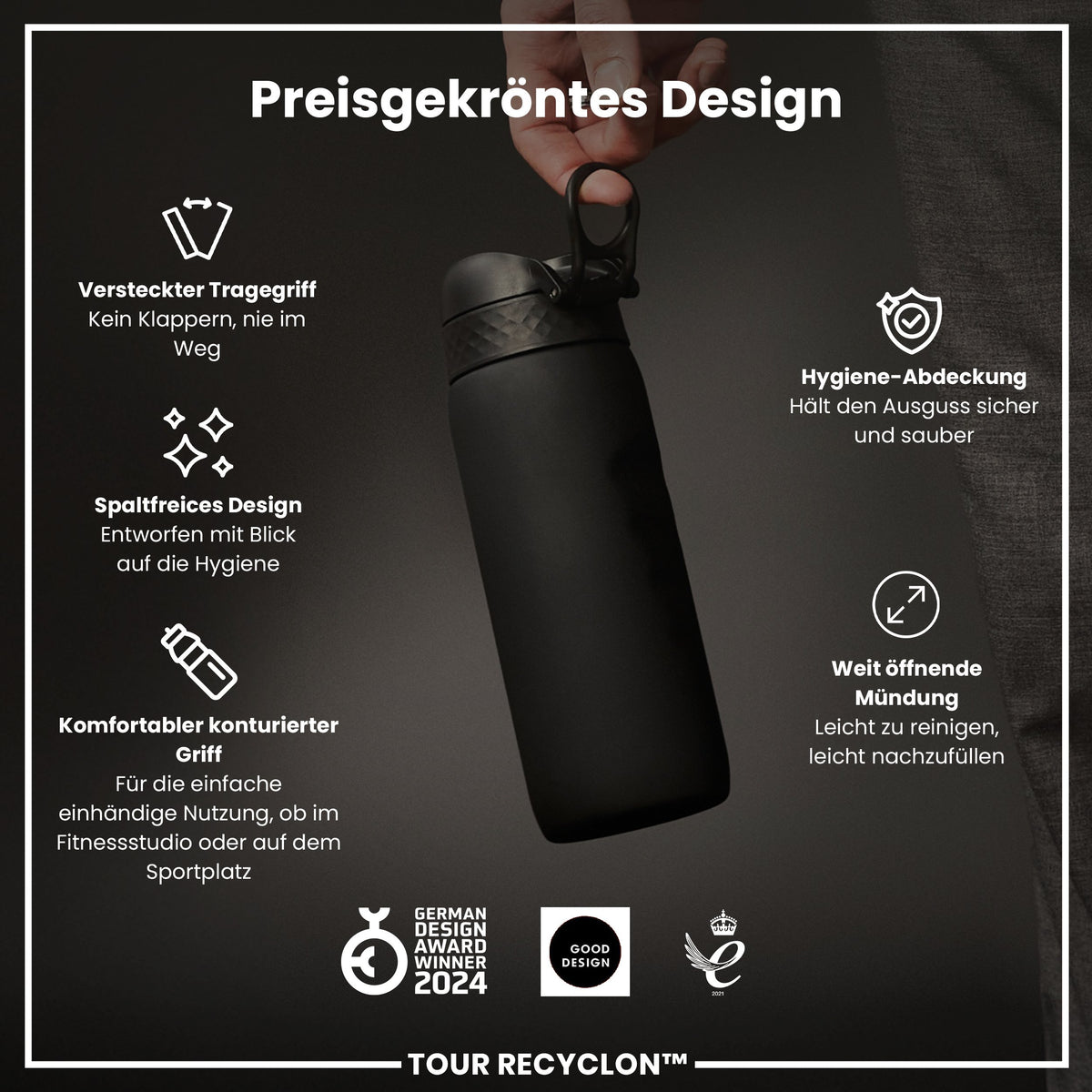 Recyclon-Wasserflasche, Schwarz, 750ml