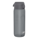 A dark gray water bottle sits on a white background. The bottle has a dark gray cap with a small loop handle and the word 