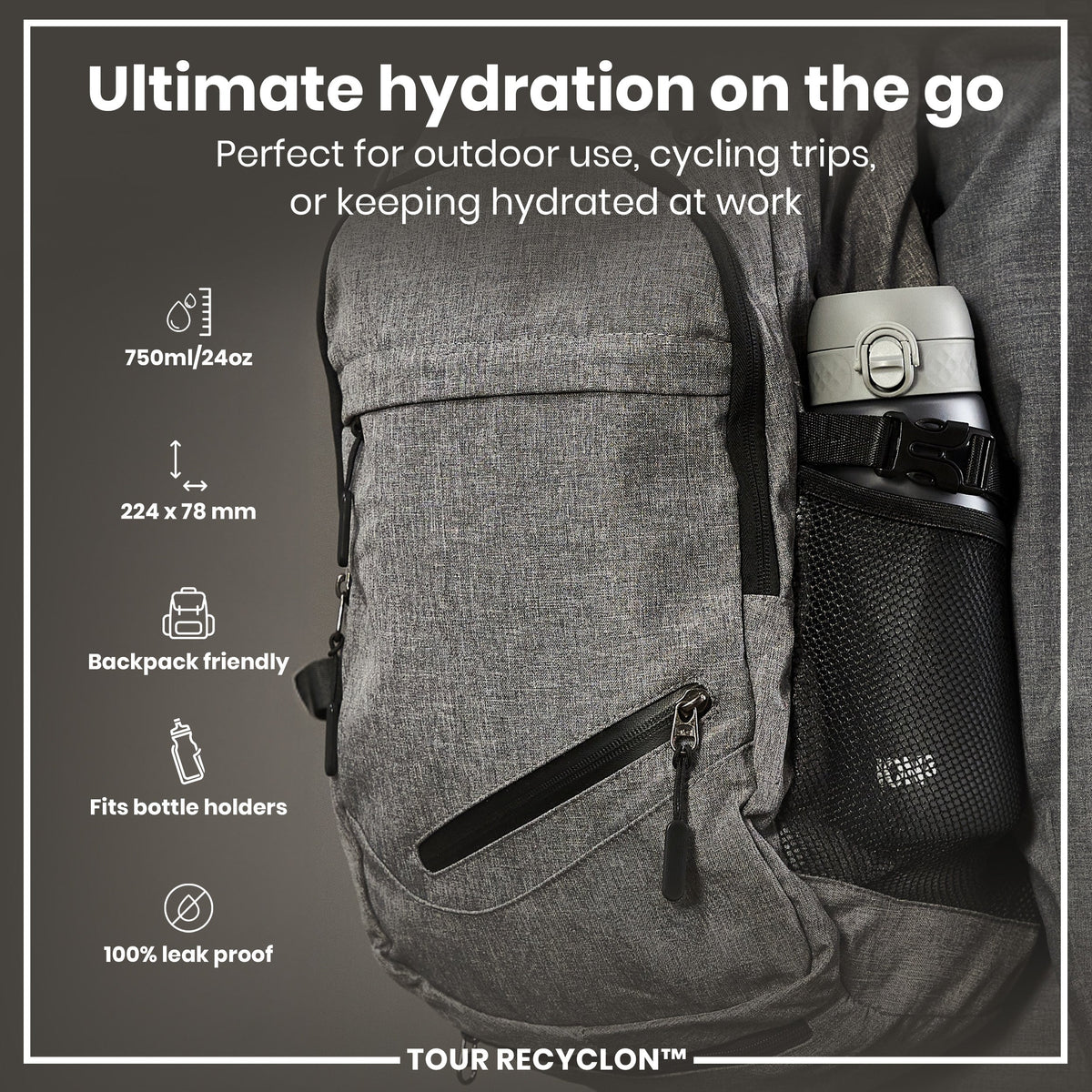 A gray backpack holds a water bottle in its mesh pocket. The bottle is 750ml/24oz, 224 x 78 mm, leak-proof, and fits most bottle holders. The backpack is designed for outdoor, cycling, or work use.