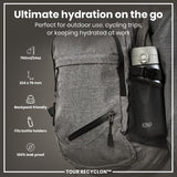 A gray backpack holds a water bottle in its mesh pocket. The bottle is 750ml/24oz, 224 x 78 mm, leak-proof, and fits most bottle holders. The backpack is designed for outdoor, cycling, or work use.