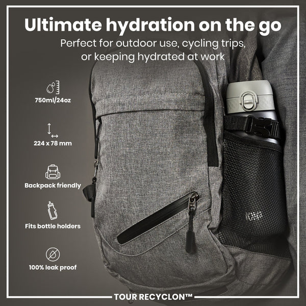 A gray backpack holds a water bottle in its mesh pocket. The bottle is 750ml/24oz, 224 x 78 mm, leak-proof, and fits most bottle holders. The backpack is designed for outdoor, cycling, or work use.