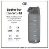 A gray water bottle sits on a white background. It is made from Recyclon™, a plant-based polymer. Measurements in milliliters and ounces are marked on its side.