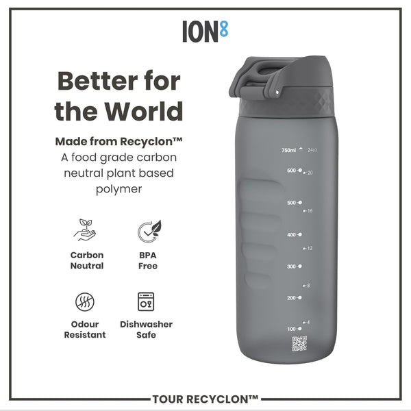 A gray water bottle sits on a white background. It is made from Recyclon™, a plant-based polymer. Measurements in milliliters and ounces are marked on its side.