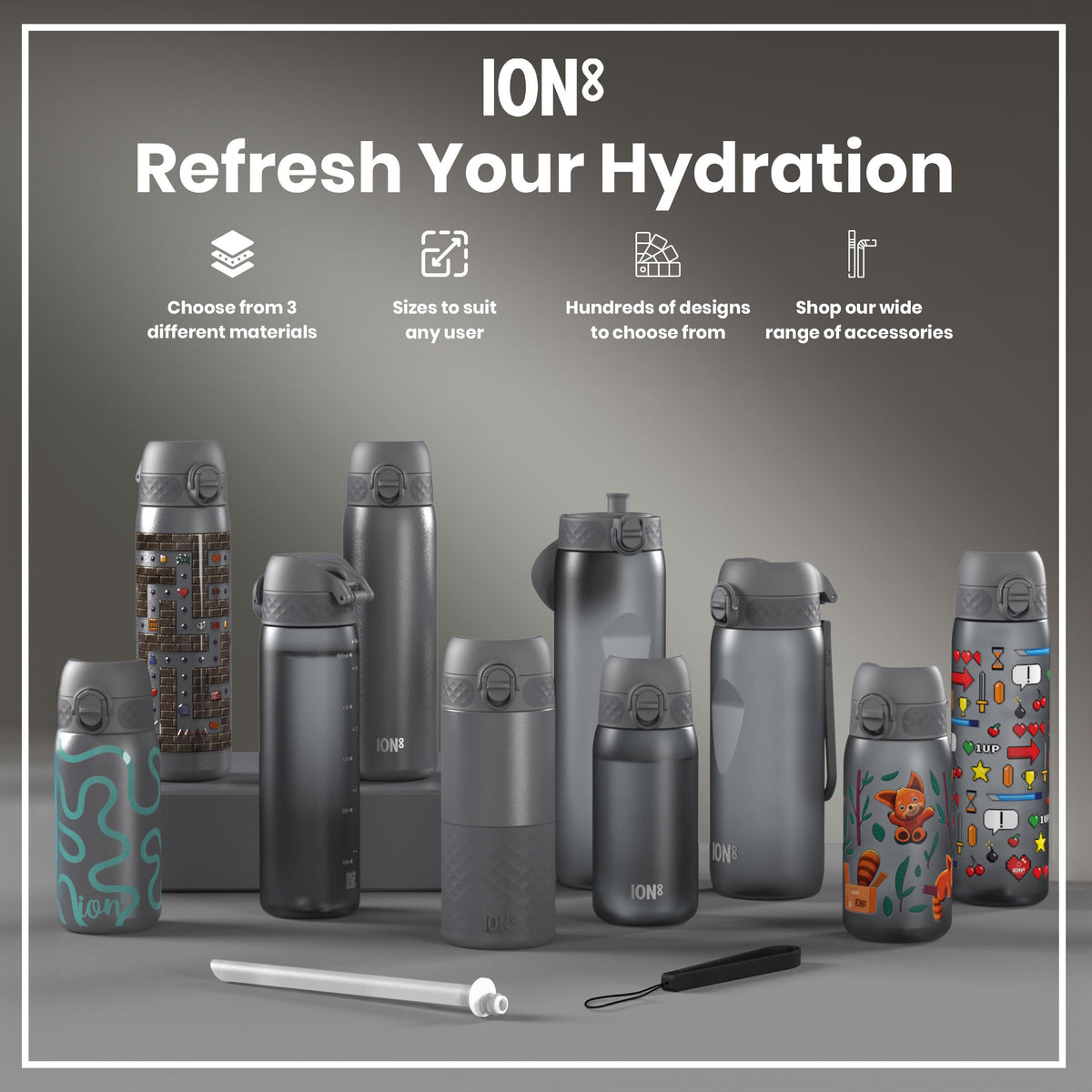 Several ION8 water bottles, varying in size and design, are displayed on a gray surface. They are shown alongside a straw and carrying strap. The accompanying text advertises material choices, sizes, designs, and accessories.