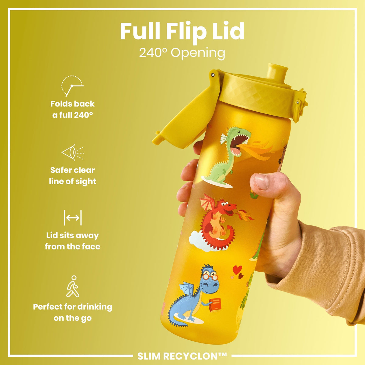 A yellow water bottle, with a 240° opening flip lid, is held by a hand. The bottle features dragon illustrations and is described as perfect for on-the-go drinking. SLIM RECYCLON™ is also indicated.