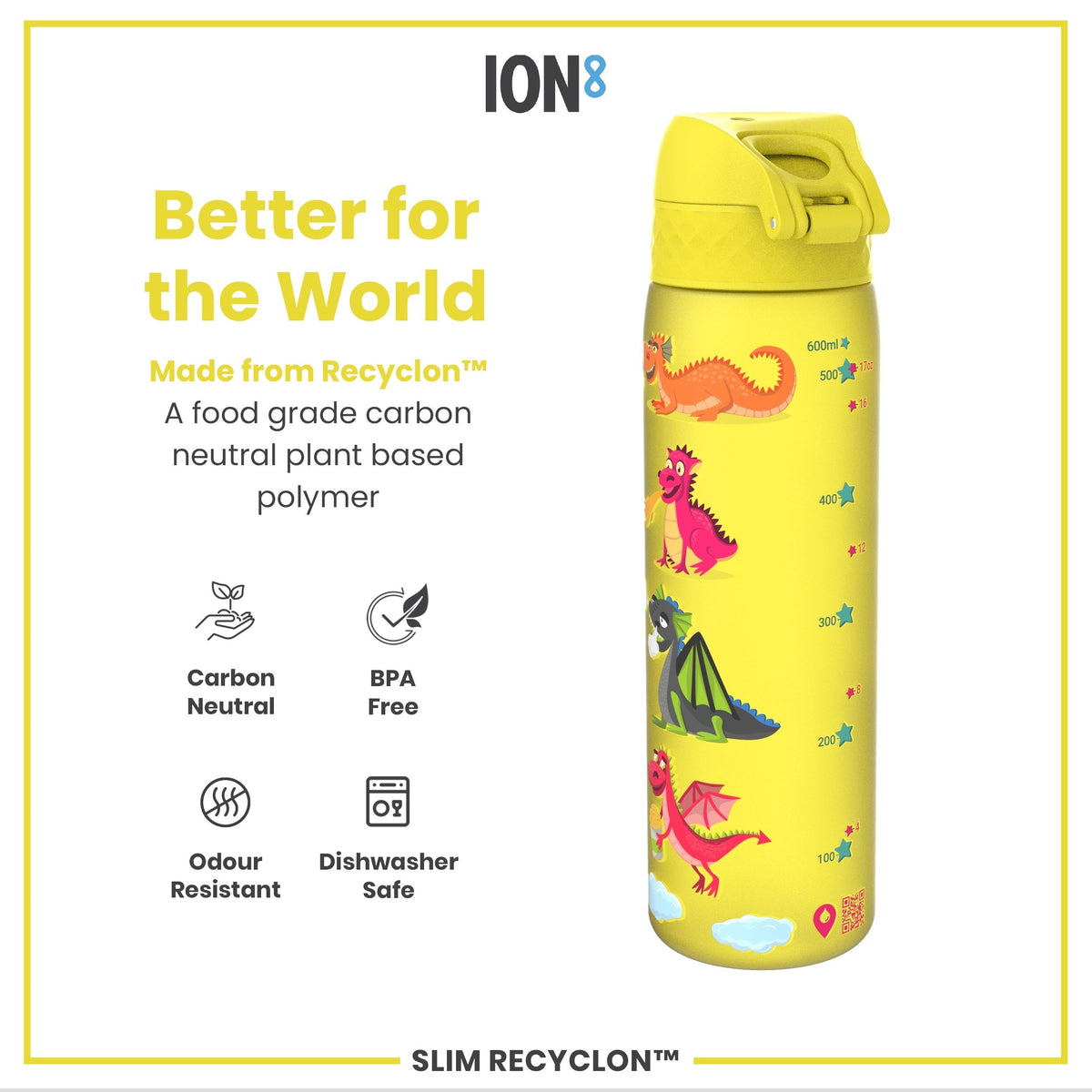 A yellow water bottle, featuring cartoon dragons, sits against a white background. The bottle is made from a plant-based polymer, is BPA-free, odour-resistant and dishwasher-safe. It's advertised as "Better for the World."