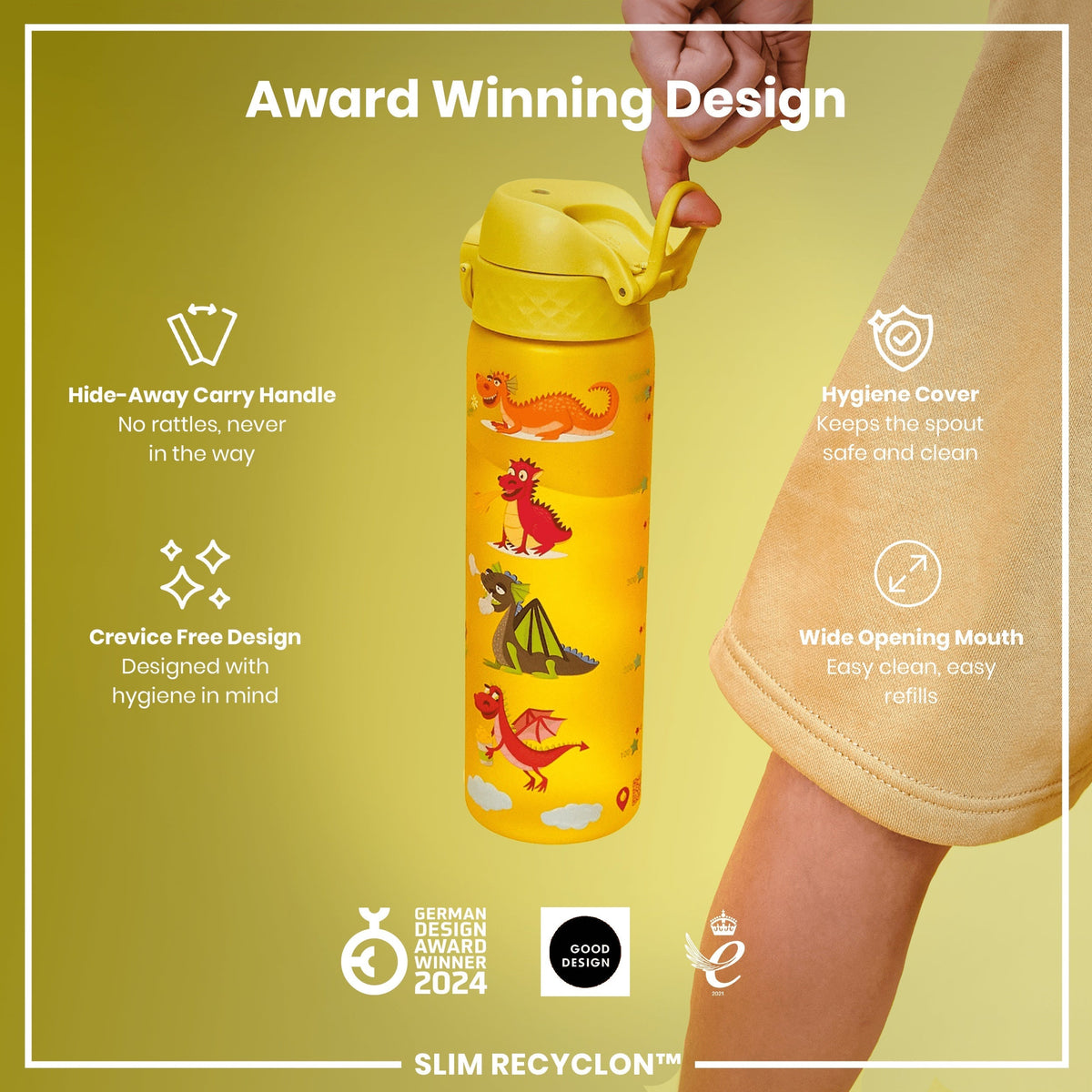 A yellow children's water bottle, being held, features a dragon design; it has a hide-away handle and a wide mouth for easy cleaning and refilling. The bottle is award-winning and boasts a crevice-free, hygienic design.