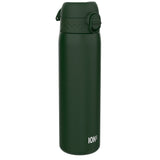 A dark-green water bottle stands upright against a white background. The bottle has a dark-green screw-top lid and the word 