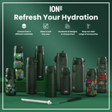 Several ION8 water bottles, in various sizes and designs, are displayed on a green surface. Accessories are shown nearby. The text reads: 