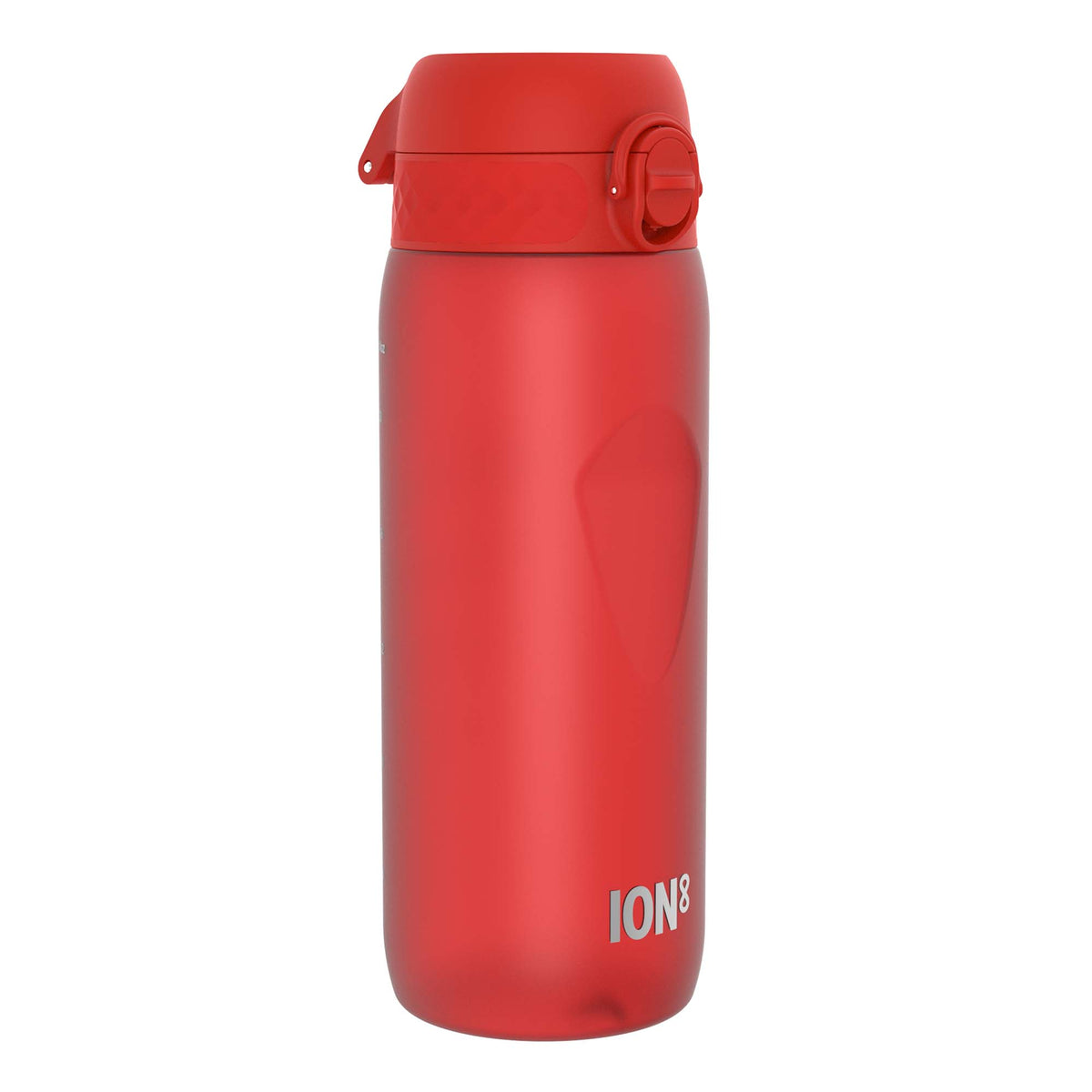 A red plastic water bottle, sits upright against a white background. The bottle features a flip-top lid and the logo "ION8".