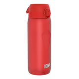 A red plastic water bottle, sits upright against a white background. The bottle features a flip-top lid and the logo 