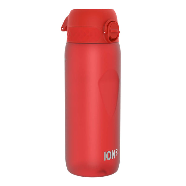 A red plastic water bottle, sits upright against a white background. The bottle features a flip-top lid and the logo "ION8".