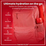 A red backpack holds a red water bottle. Its dimensions are 224 x 78 mm (750ml/24oz), fitting most bottle holders; it is 100% leak-proof and backpack friendly. The text advertises ultimate hydration.