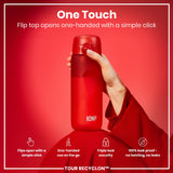 A red water bottle, being held, against a red background. The flip top opens one-handed with a simple click. It's advertised as one-handed, triple-lock security, and 100% leak proof. TOUR RECYCLON™ is also shown.