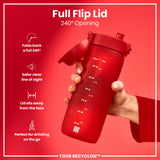 A red water bottle with a 240° opening flip lid is being held. The bottle has volume markings and a QR code. The background is also red.